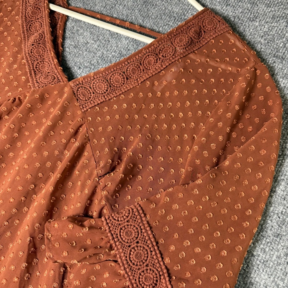 DR2 Womens XL Rust‎ Brown Metallic Clip Dot Crochet Lace Ruffle Boho Blouse Top